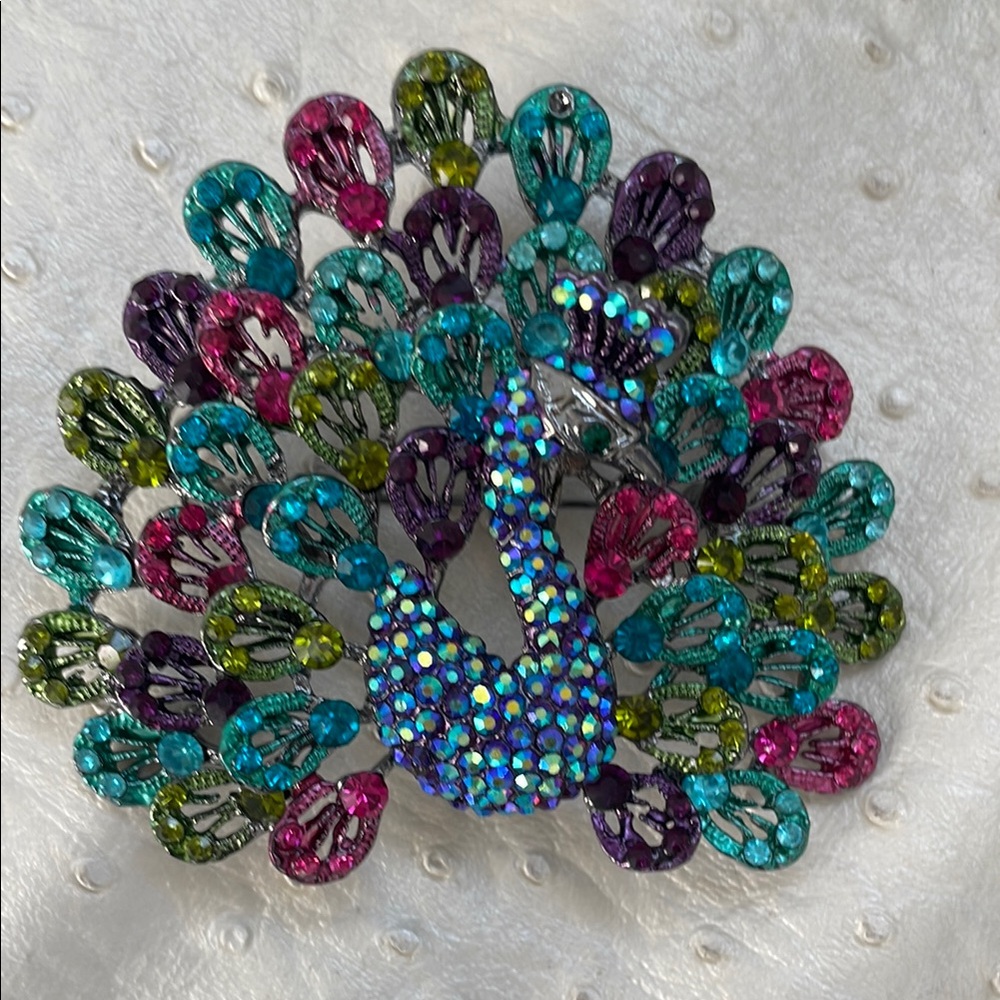 Large Peacock Brooch with Multicolor Crystals